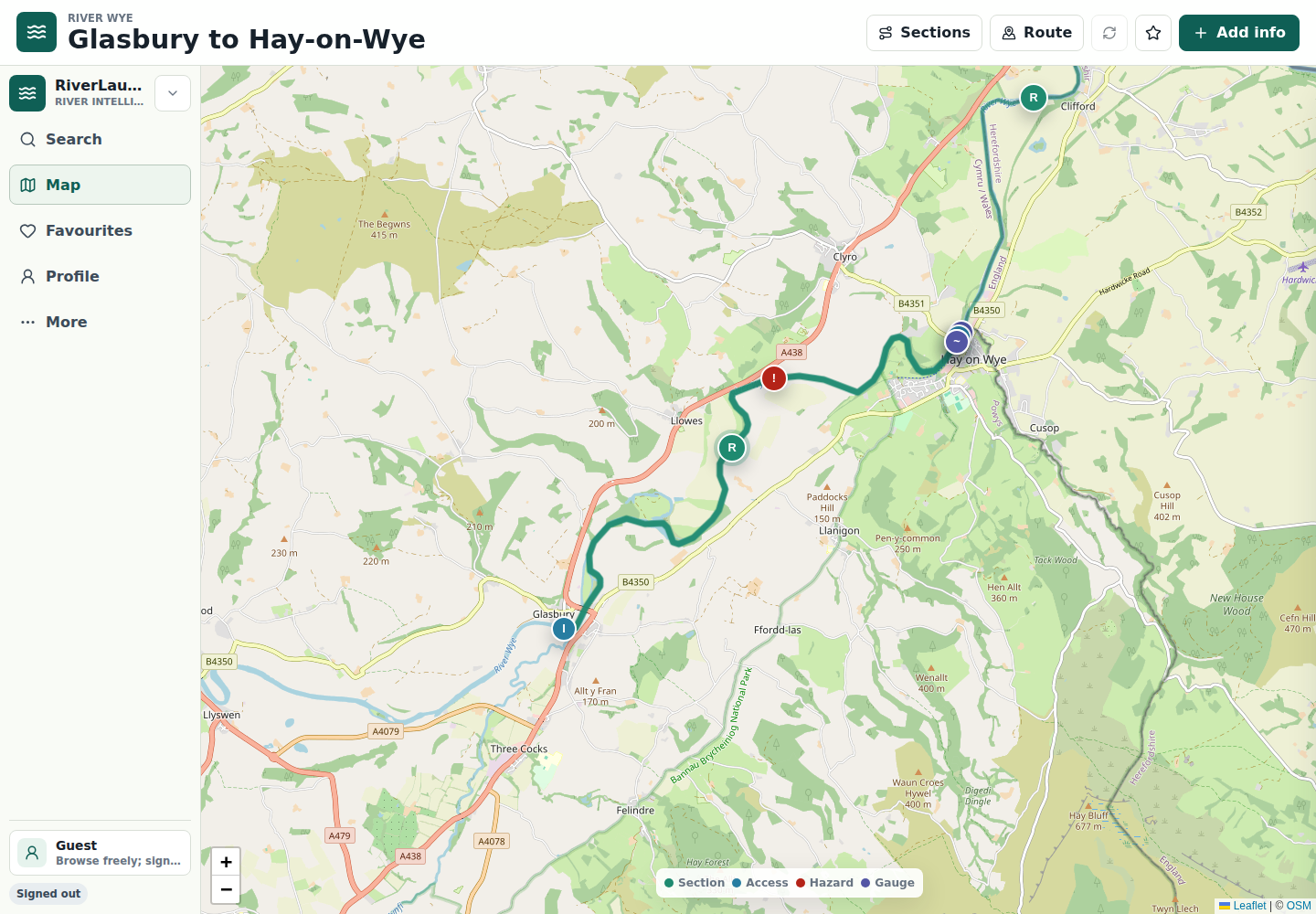 Map screenshot of the Glasbury to Hay-on-Wye pilot section in RiverLaunch.app.
