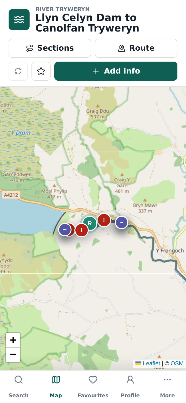 Mobile RiverLaunch.app map showing bottom navigation, route controls, and map markers.