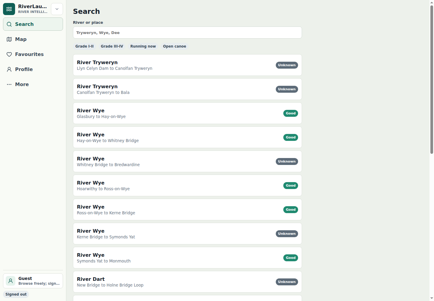 RiverLaunch.app search screen listing UK river sections and current level bands.