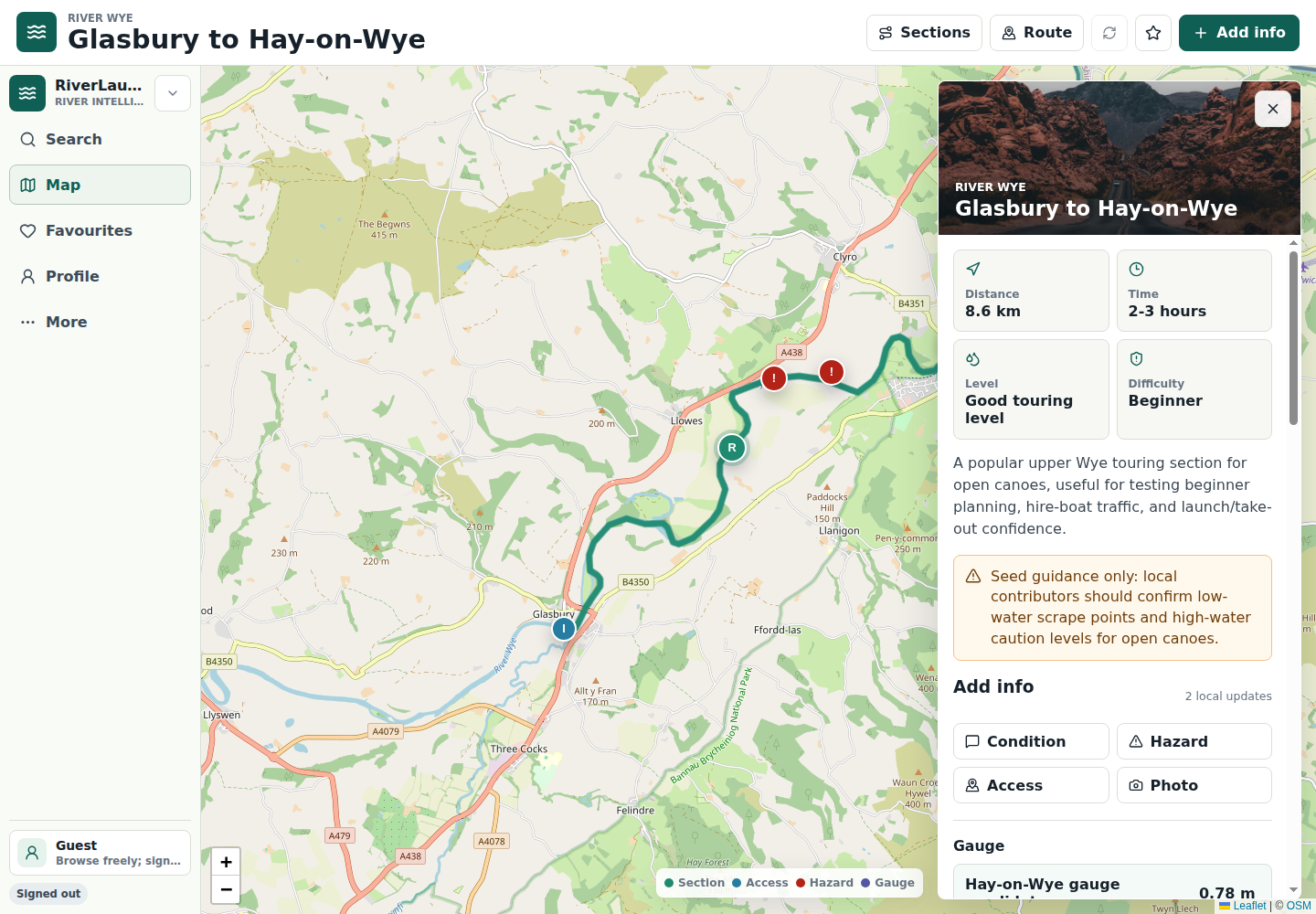 RiverLaunch.app section detail showing the River Wye, route, seeded hazards, gauge information, and contribution actions.