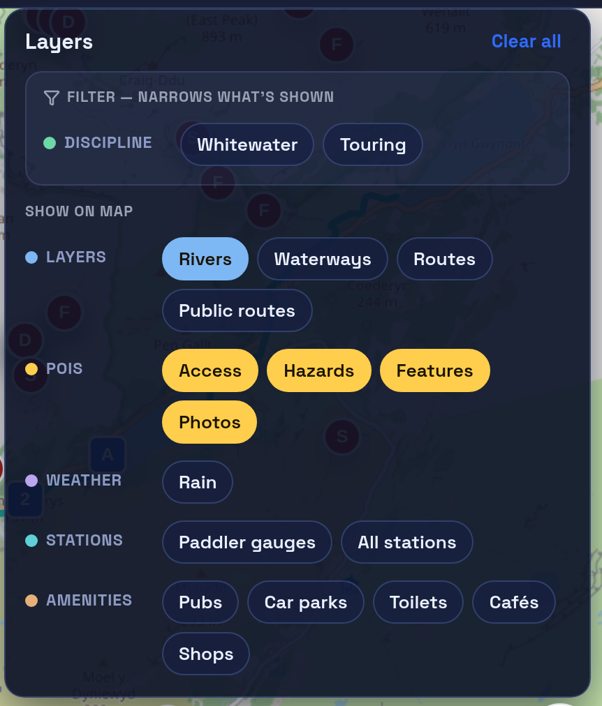 The Layers panel: discipline filter, river and route layers, access, hazard, feature and photo pins, rain radar, gauge stations and amenities.