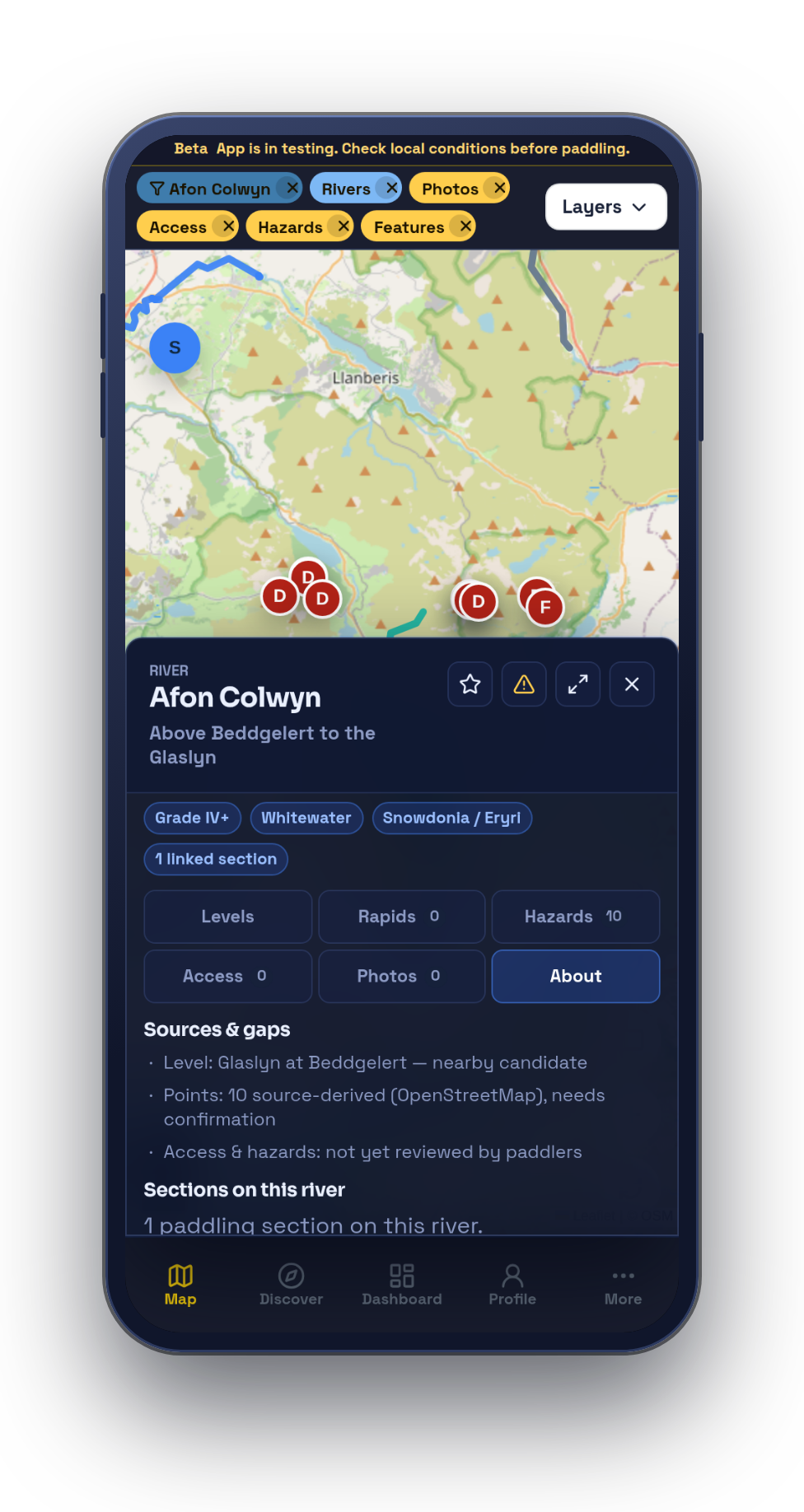 Phone-framed RiverLaunch.app river sources and gaps screen.