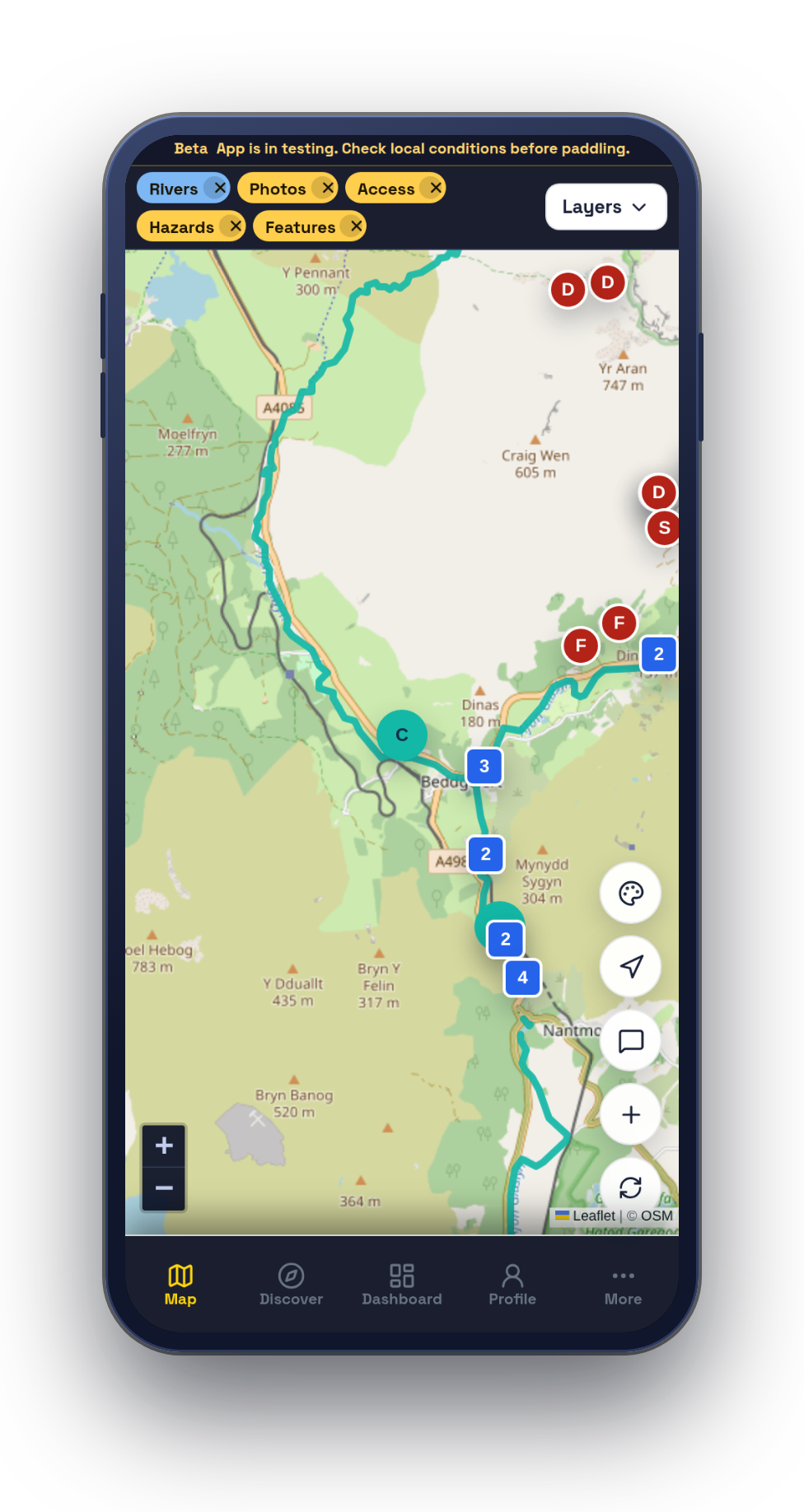 Phone-framed RiverLaunch.app mobile map with river markers and bottom navigation.